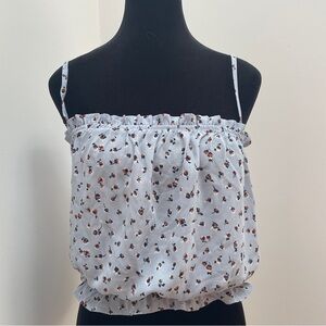 Sienna Sky- Light Blue Brown Floral Lettuce Trim Crop Top Size S Shirred Back